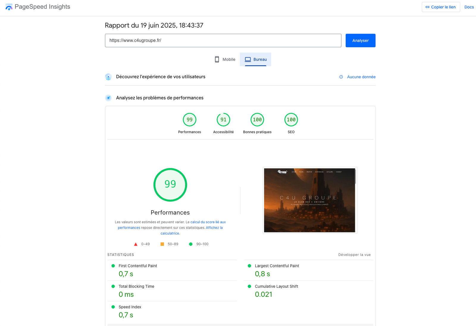 Résultats d'un site récent aux tests officiels de Google PageSpeed Insights : 99 en performance